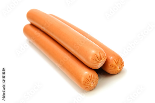 Photography Group of tasty boiled frankfurter sausages decorated on a white background in cl