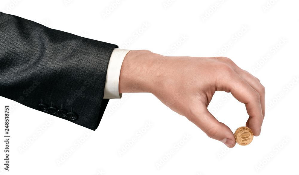 Side close-up of man's hand in suit holding ten-rouble coin isolated on white background. Side close-up of man's hand in suit holding ten-rouble coin isolated on white background.