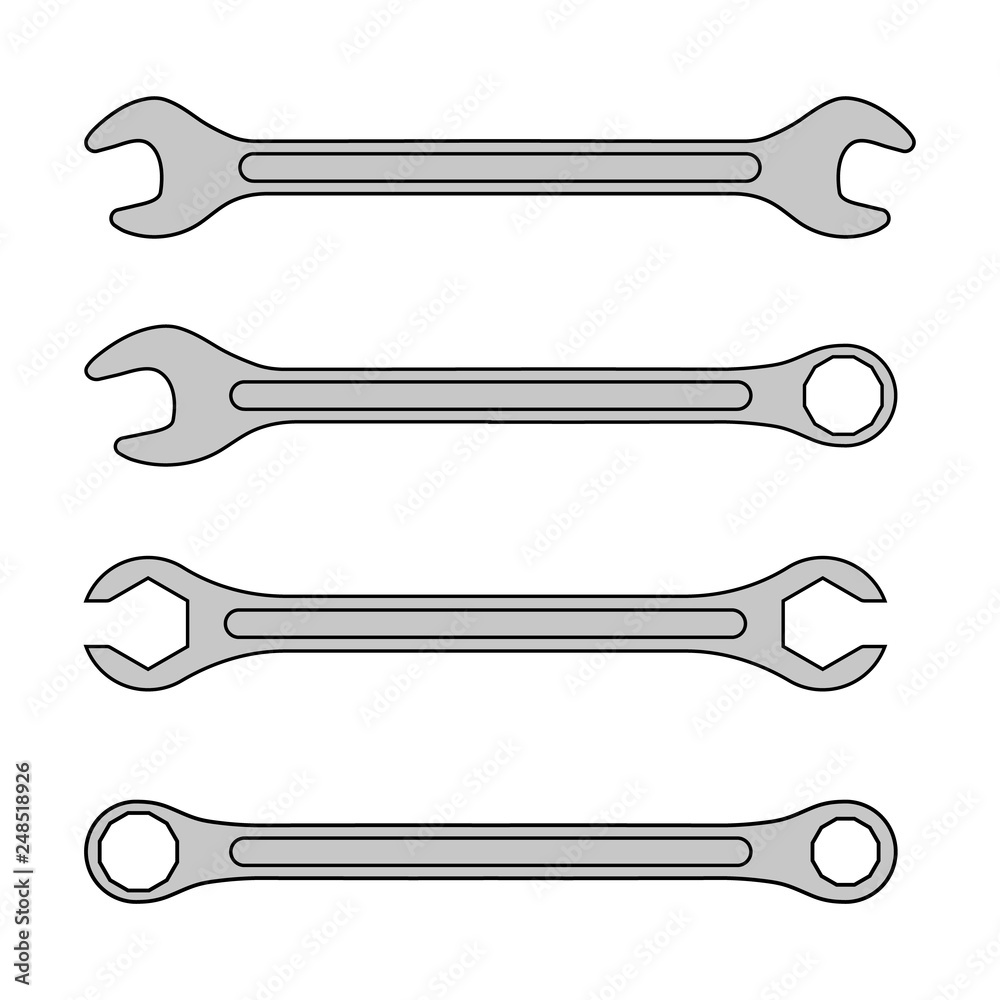Set of different wrenchs icon. Repair symbol. Vector illustration isolated on white background. Set of different wrenchs icon. Repair symbol. Vector illustration isolated on white background.