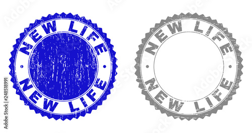Grunge NEW LIFE stamp seals isolated on a white background. Rosette seals with grunge texture in blue and gray colors. Vector rubber stamp imitation of NEW LIFE tag inside round rosette.
