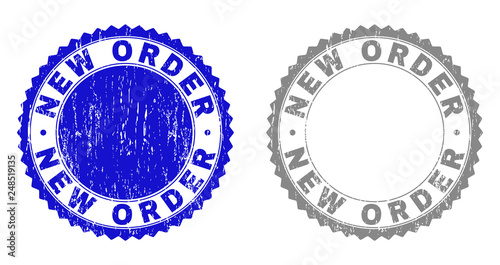 Grunge NEW ORDER stamp seals isolated on a white background. Rosette seals with grunge texture in blue and gray colors. Vector rubber overlay of NEW ORDER tag inside round rosette.