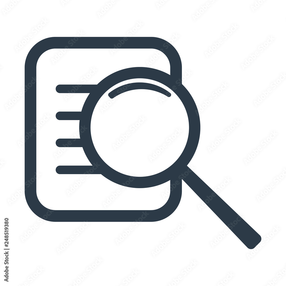Search document icon. Magnifier and document. Vector illustration isolated on white background. Search document icon. Magnifier and document. Vector illustration isolated on white background.