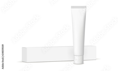 Plastic tube and cardboard box mock up isolated on white background. Vector illustration