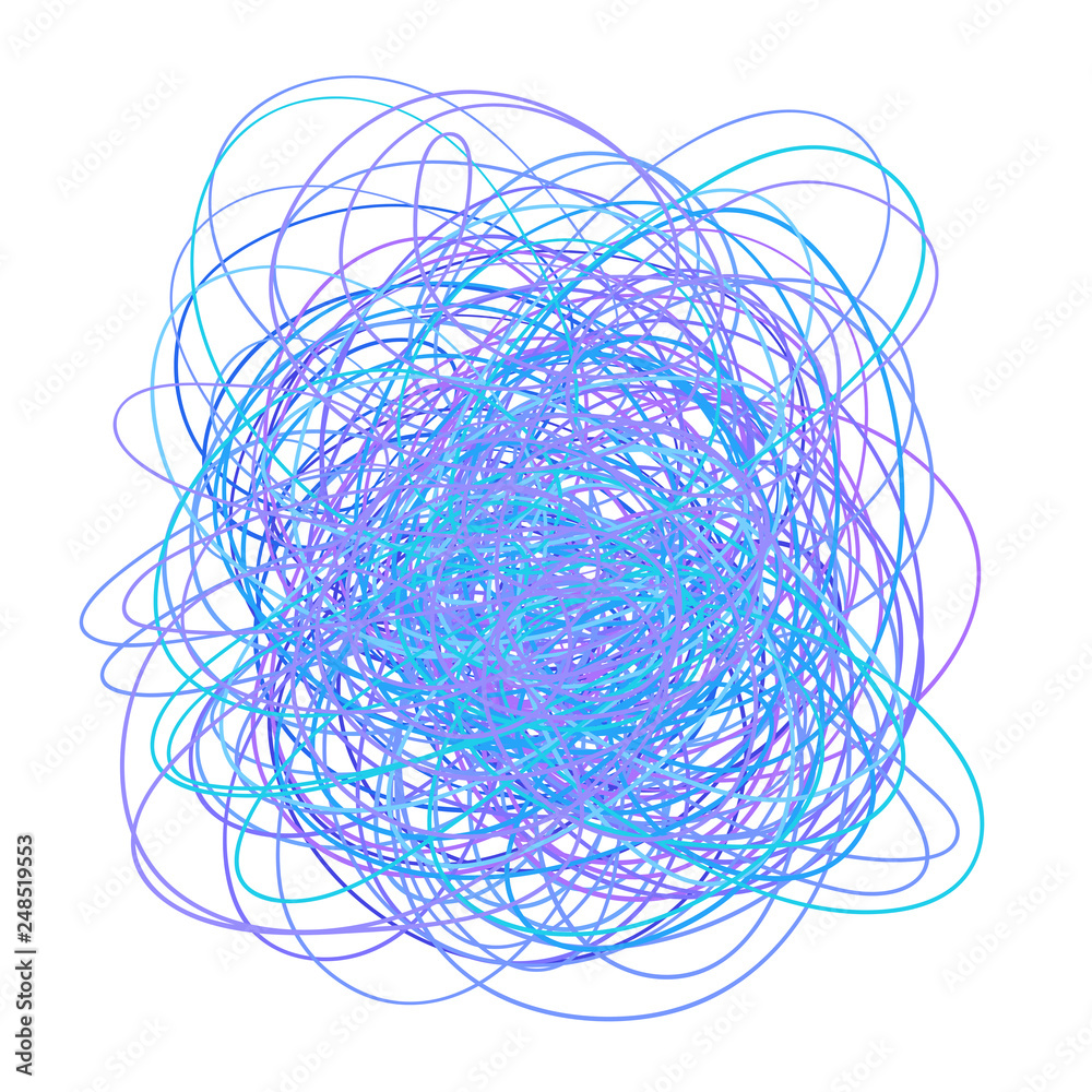 Colored tangled on white. Chaos pattern. Scribble sketch. Colorful background with array of lines. Intricate chaotic texture. Art creation. Print for banners, posters and t-shirts