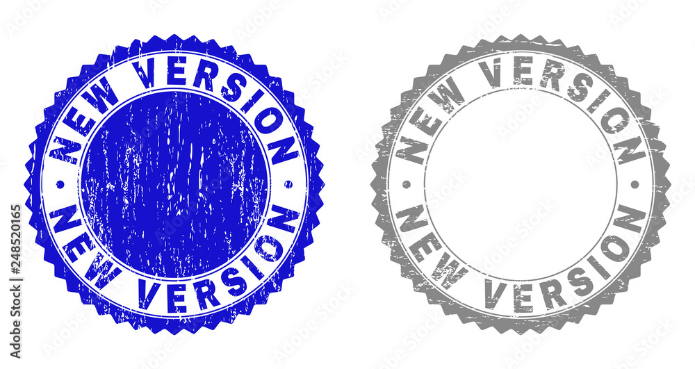 Grunge NEW VERSION stamp seals isolated on a white background. Rosette seals with grunge texture in blue and gray colors. Vector rubber stamp imprint of NEW VERSION text inside round rosette.