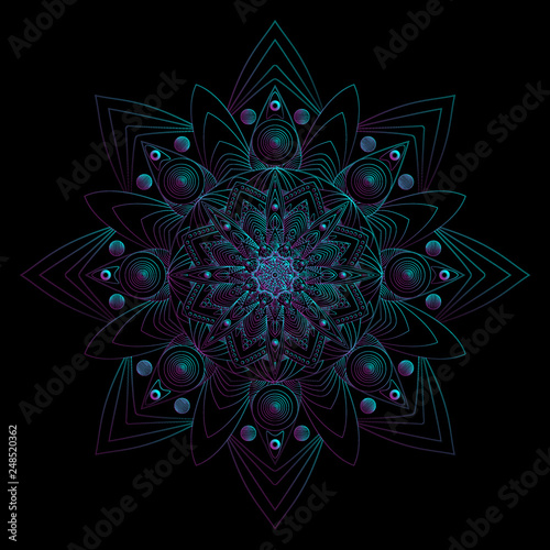 Vector glowing mandala on black background. Design prints for t-shirts, posters, flyers, postcards. Vector illustrations in bright neon colors