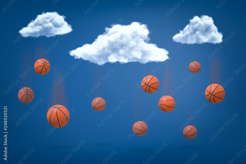 3d rendering of orange basketball balls under white clouds on blue background