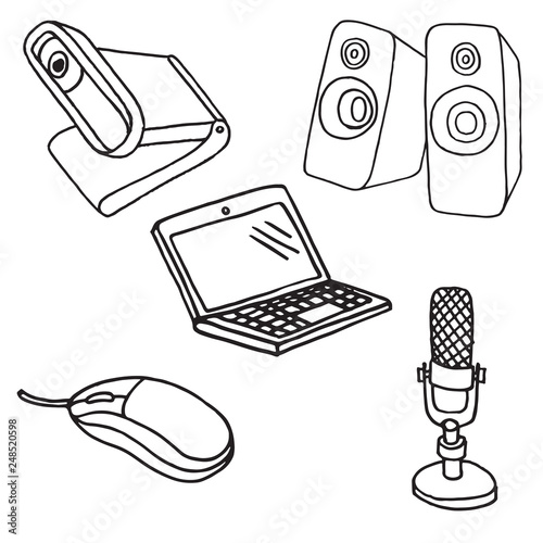 Set of office and entertainment equipment doodle icons