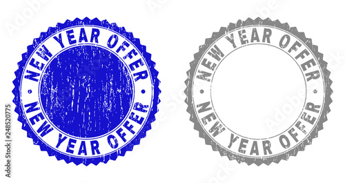 Grunge NEW YEAR OFFER stamp seals isolated on a white background. Rosette seals with grunge texture in blue and gray colors. Vector rubber stamp imitation of NEW YEAR OFFER text inside round rosette.