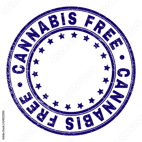 CANNABIS FREE stamp seal watermark with grunge texture. Designed with round shapes and stars. Blue vector rubber print of CANNABIS FREE text with dirty texture. photo