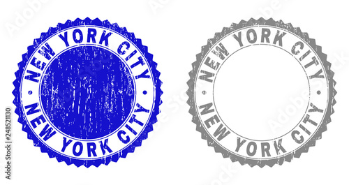 Grunge NEW YORK CITY stamp seals isolated on a white background. Rosette seals with grunge texture in blue and grey colors. Vector rubber stamp imitation of NEW YORK CITY tag inside round rosette.