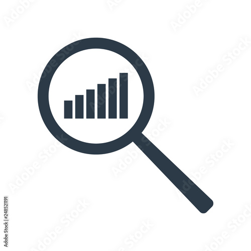 Chart icon. Increase schedule in magnifier. Analysis and statistics data symbol. Vector illustration isolated on white background.