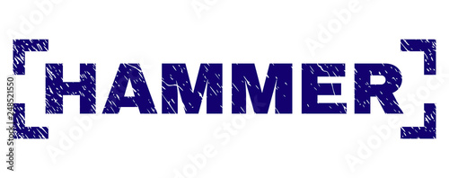 HAMMER caption seal imprint with grunge texture. Text caption is placed between corners. Blue vector rubber print of HAMMER with unclean texture.