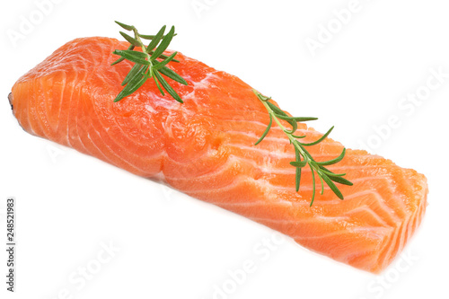 Red fish. Raw salmon fillet with rosemary isolate on white background.