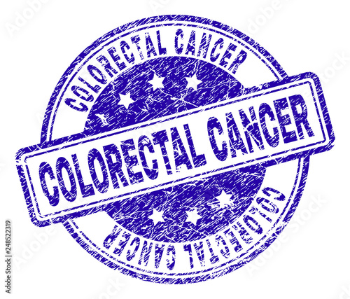 COLORECTAL CANCER stamp seal imprint with distress texture. Designed with rounded rectangles and circles. Blue vector rubber print of COLORECTAL CANCER label with dirty texture.
