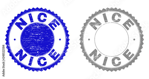 Grunge NICE stamp seals isolated on a white background. Rosette seals with grunge texture in blue and grey colors. Vector rubber stamp imprint of NICE text inside round rosette.