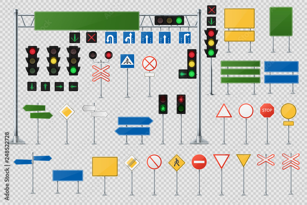 Big Realistic Set Of Road Signs And Traffic Lights And Semaphores. Big Realistic Set Of Road Signs And Traffic Lights And Semaphores.