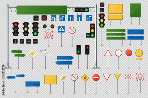Big Realistic Set Of Road Signs And Traffic Lights And Semaphores.