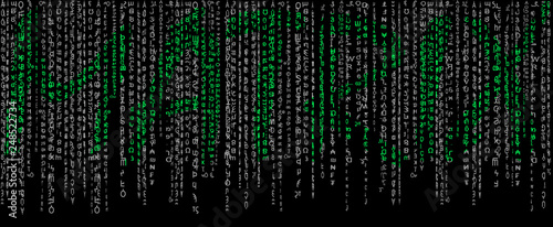 Matrix black and white on a black background with green text "Matrix".Computer virus and hacker screen wallpaper