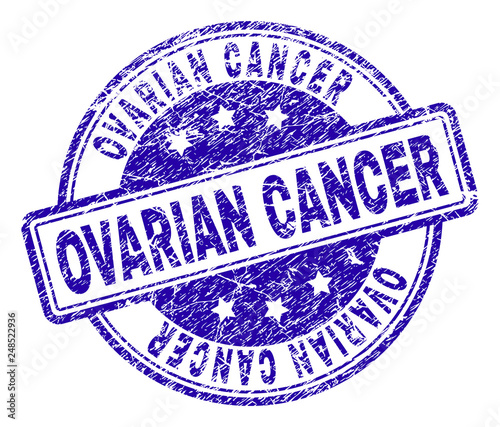 OVARIAN CANCER stamp seal watermark with distress texture. Designed with rounded rectangles and circles. Blue vector rubber print of OVARIAN CANCER tag with grunge texture.