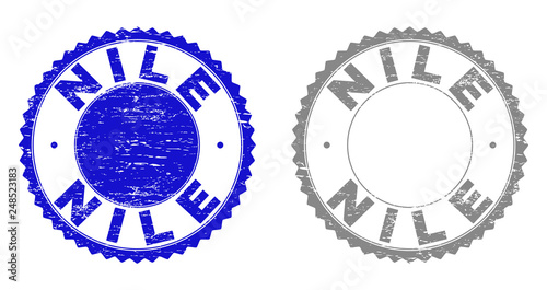 Grunge NILE stamp seals isolated on a white background. Rosette seals with grunge texture in blue and grey colors. Vector rubber stamp imitation of NILE tag inside round rosette.