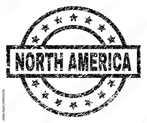 NORTH AMERICA stamp seal watermark with distress style. Designed with rectangle, circles and stars. Black vector rubber print of NORTH AMERICA title with unclean texture.