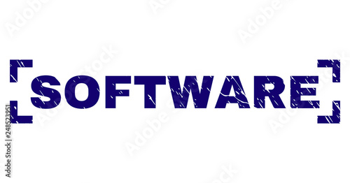 SOFTWARE caption seal stamp with corroded texture. Text caption is placed between corners. Blue vector rubber print of SOFTWARE with unclean texture.