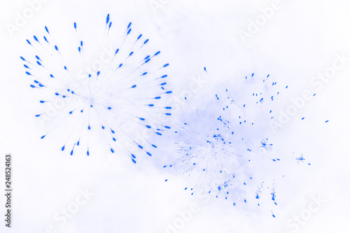Stylized fireworks photography, gray-blue on white. Abstract background.