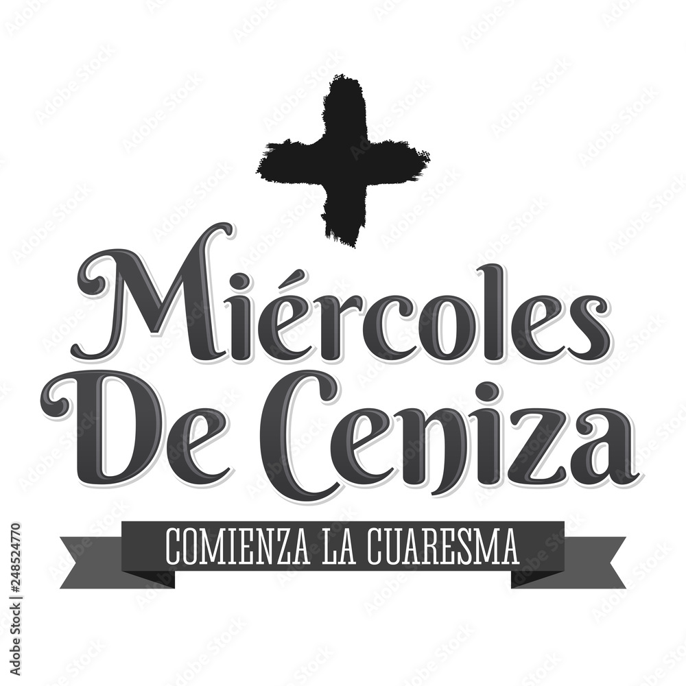 Miercoles de Ceniza, Ash Wednesday Spanish text, Christian tradition vector  emblem Stock Vector