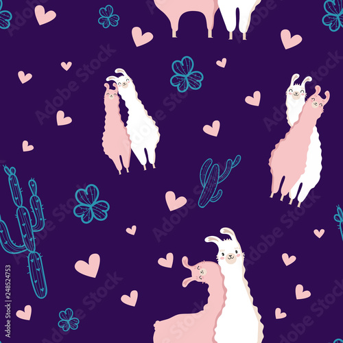 Modern Pattern Picture, Cartoon Creative Collage with Llama, cactus, flower, heart in white, pink and purple color. Vector illustration.