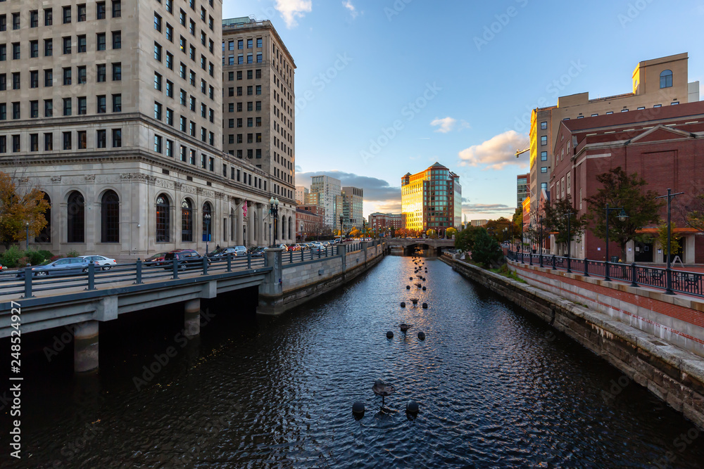 Providence, Rhode Island, United States - October 25, 2018: Scenic view of a beautiful modern downtown city during a vibrant sunset.