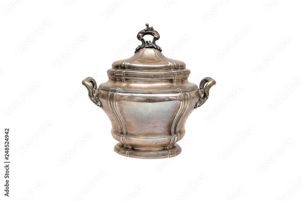 Old sugar-bowl of silver on a white background.