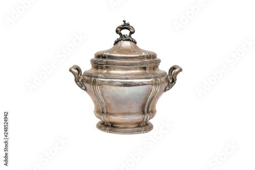 Old sugar-bowl of silver on a white background.