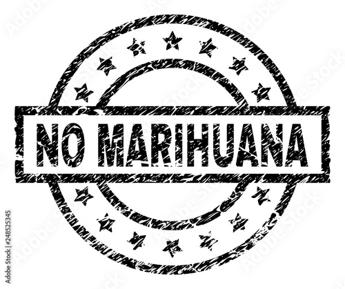NO MARIHUANA stamp seal watermark with distress style. Designed with rectangle, circles and stars. Black vector rubber print of NO MARIHUANA tag with grunge texture.