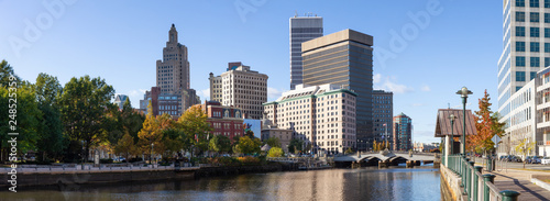 Providence, Rhode Island, United States - October 25, 2018: Panoramic view of a beautiful modern downtown city during a vibrant sunny day.