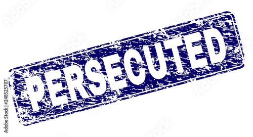 PERSECUTED stamp seal print with distress style. Seal shape is a rounded rectangle with frame. Blue vector rubber print of PERSECUTED text with dust style.