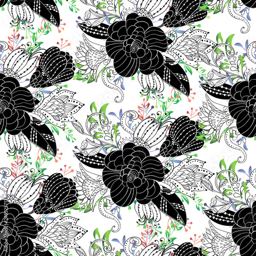 Abstract flower hand drawn white and black ornament.