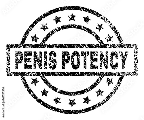 PENIS POTENCY stamp seal watermark with distress style. Designed with rectangle, circles and stars. Black vector rubber print of PENIS POTENCY label with scratched texture.