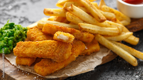 Photography Fish fingers, mashed peas and chips fries