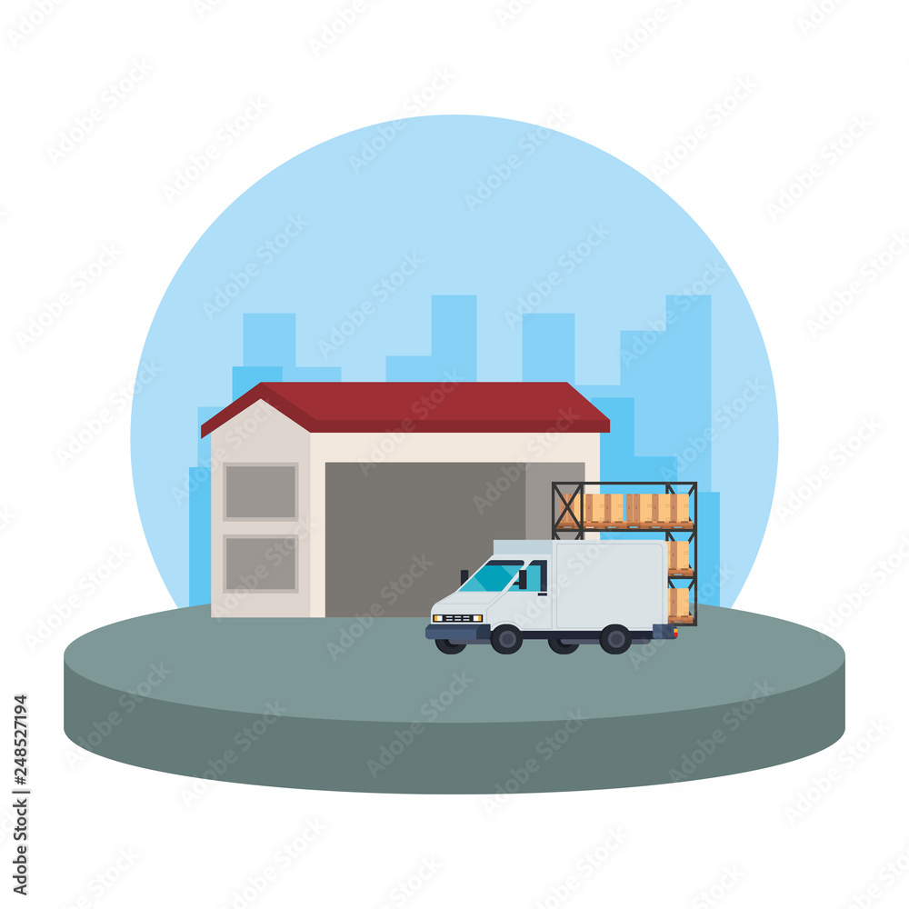 delivery service van vehicle in warehouse