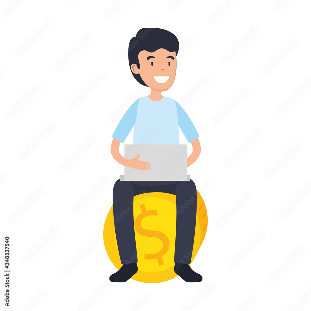 businessman with laptop sitting in coin