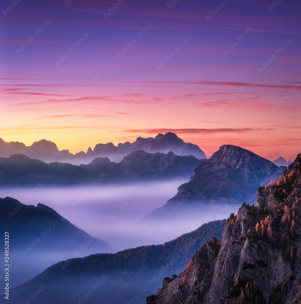 Mountains in fog at beautiful sunset in autumn in Dolomites, Italy. Landscape with alpine mountain valley, low clouds, trees on hills, purple sky with clouds at dusk. Aerial view. Passo Giau. Nature