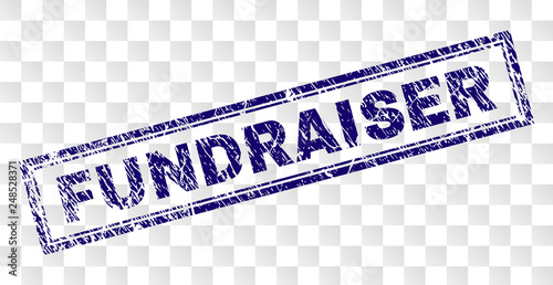 FUNDRAISER stamp seal imprint with rubber print style and double framed rectangle shape. Stamp is placed on a transparent background.