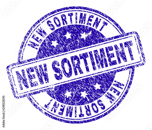 NEW SORTIMENT stamp seal watermark with grunge texture. Designed with rounded rectangles and circles. Blue vector rubber print of NEW SORTIMENT title with dust texture.
