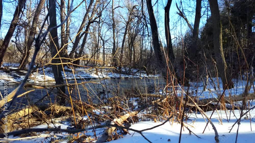Snowy Bank River in Winter. Cold Water Flowing With Riverside Snow Surrounded By Beautiful Forest. Snowy Bank River in Winter. Cold Water Flowing With Riverside Snow Surrounded By Beautiful Forest.
