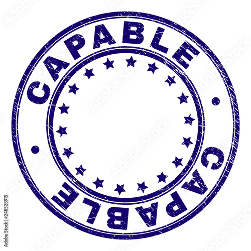CAPABLE stamp seal watermark with grunge texture. Designed with round shapes and stars. Blue vector rubber print of CAPABLE title with grunge texture.