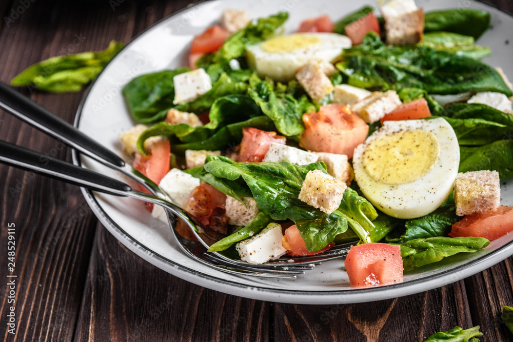 Fresh vegetable salad with tomatoes, spinach, bread crumbs, egg and feta. Healthy food. Dietary dinner or lunch menu. Salad plate on the table. Fresh vegetable salad with tomatoes, spinach, bread crumbs, egg and feta. Healthy food. Dietary dinner or lunch menu. Salad plate on the table.