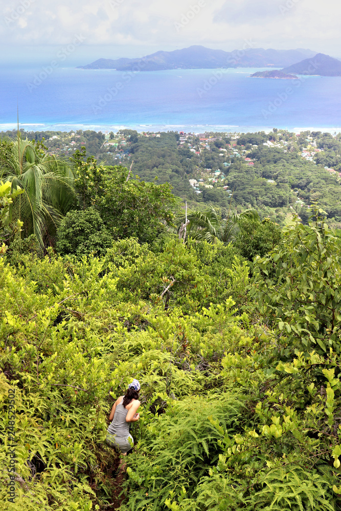 Hiker walking through bushes with scenic view of coastlines, seychelles.
