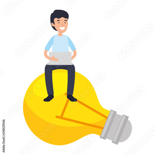 businessman sitting in bulb using laptop