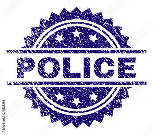 POLICE stamp seal watermark with distress style. Blue vector rubber print of POLICE tag with scratched texture.